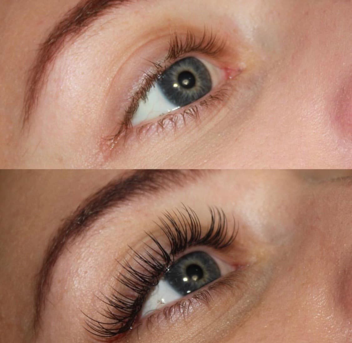 Real client showing Classic lash extensions applied at Lovely Lilly's North Austin studio — natural lashes shown above, extensions below
